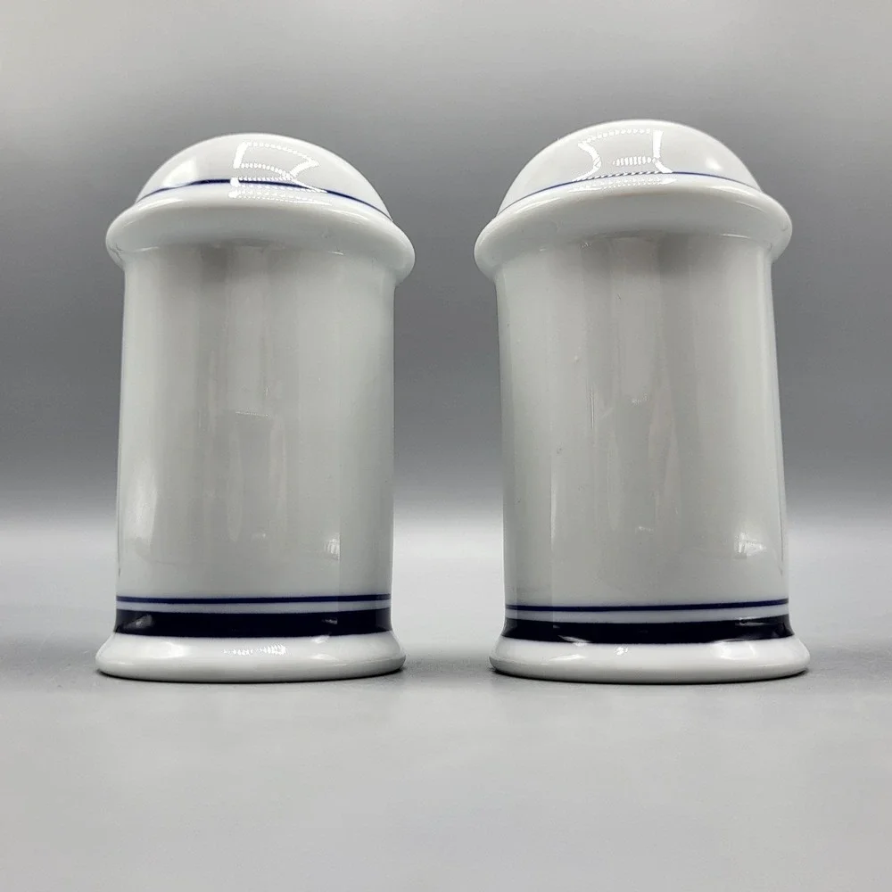 Vintage Dansk Salt and Pepper Shakers Navy Blue Banded White Porcelain Portugal